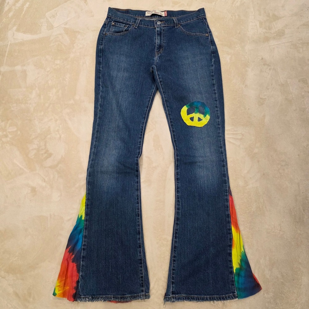 Reworked Levi's 515 Nouveau Bootcut Jeans Size 10L Tie Dye Patchwork Bell Bottom